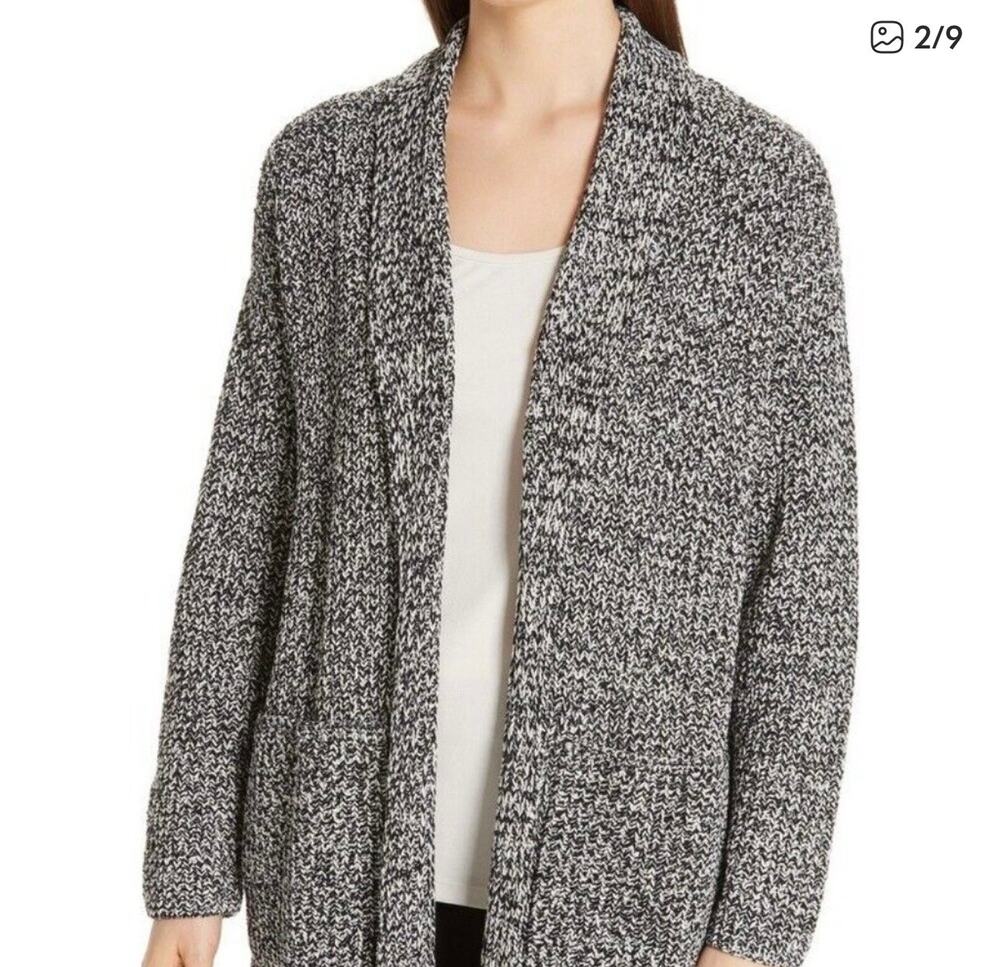 Eileen Fisher Organic Cotton Chenille Boyfriend Cardigan Sweater Black S $388